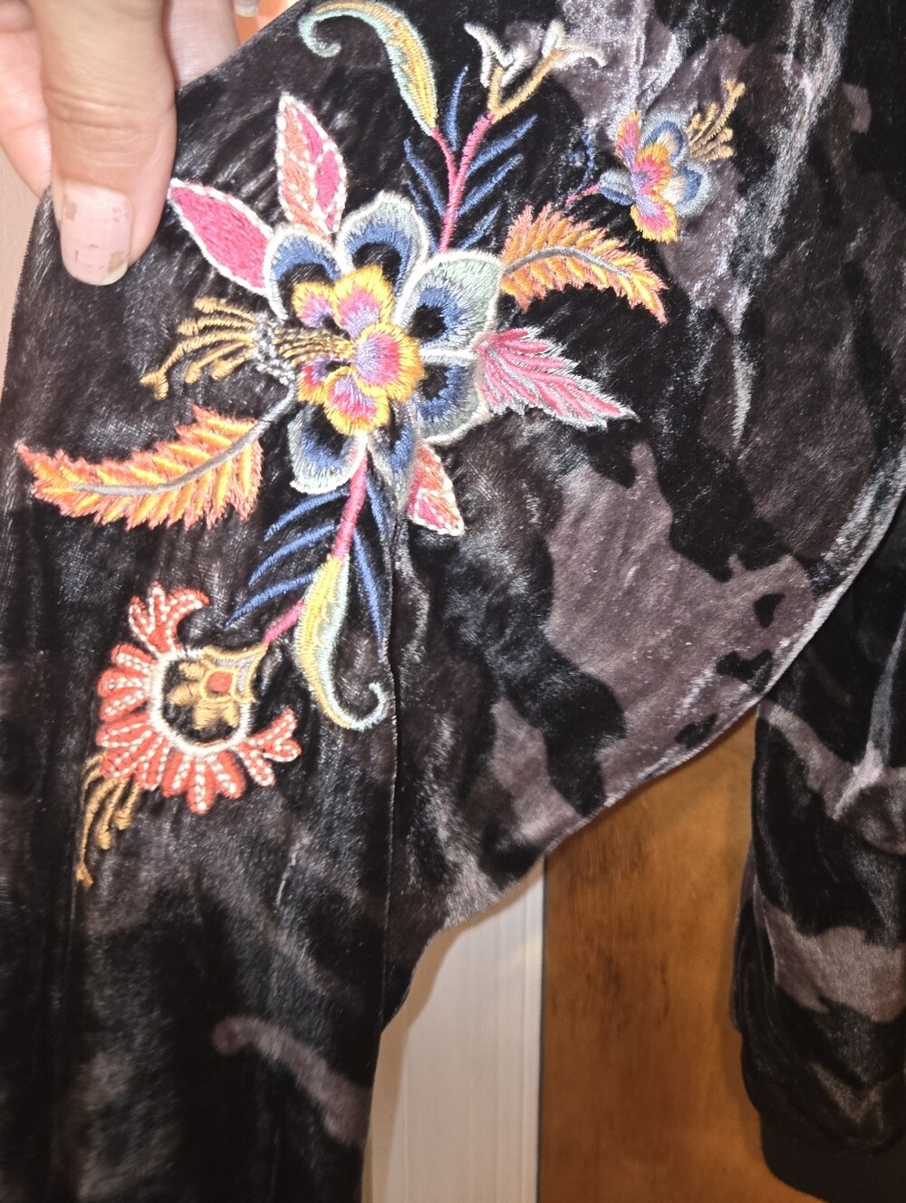 Johnny Was Black Camouflage Embroidered Floral Velvet Bomber Jacket - Black - Picture 3 of 4